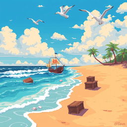 A vibrant and colorful pixelated beach scene featuring golden sand and soft, rolling waves under a clear blue sky dotted with fluffy clouds