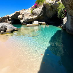 A serene small bay with calm, crystal-clear water gently lapping against a sandy shore