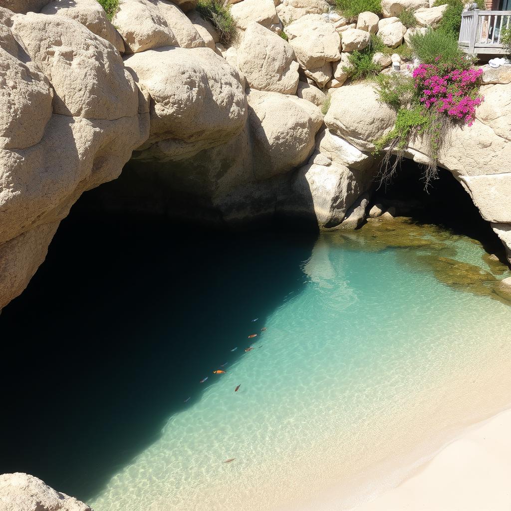 A serene small bay with calm, crystal-clear water gently lapping against a sandy shore