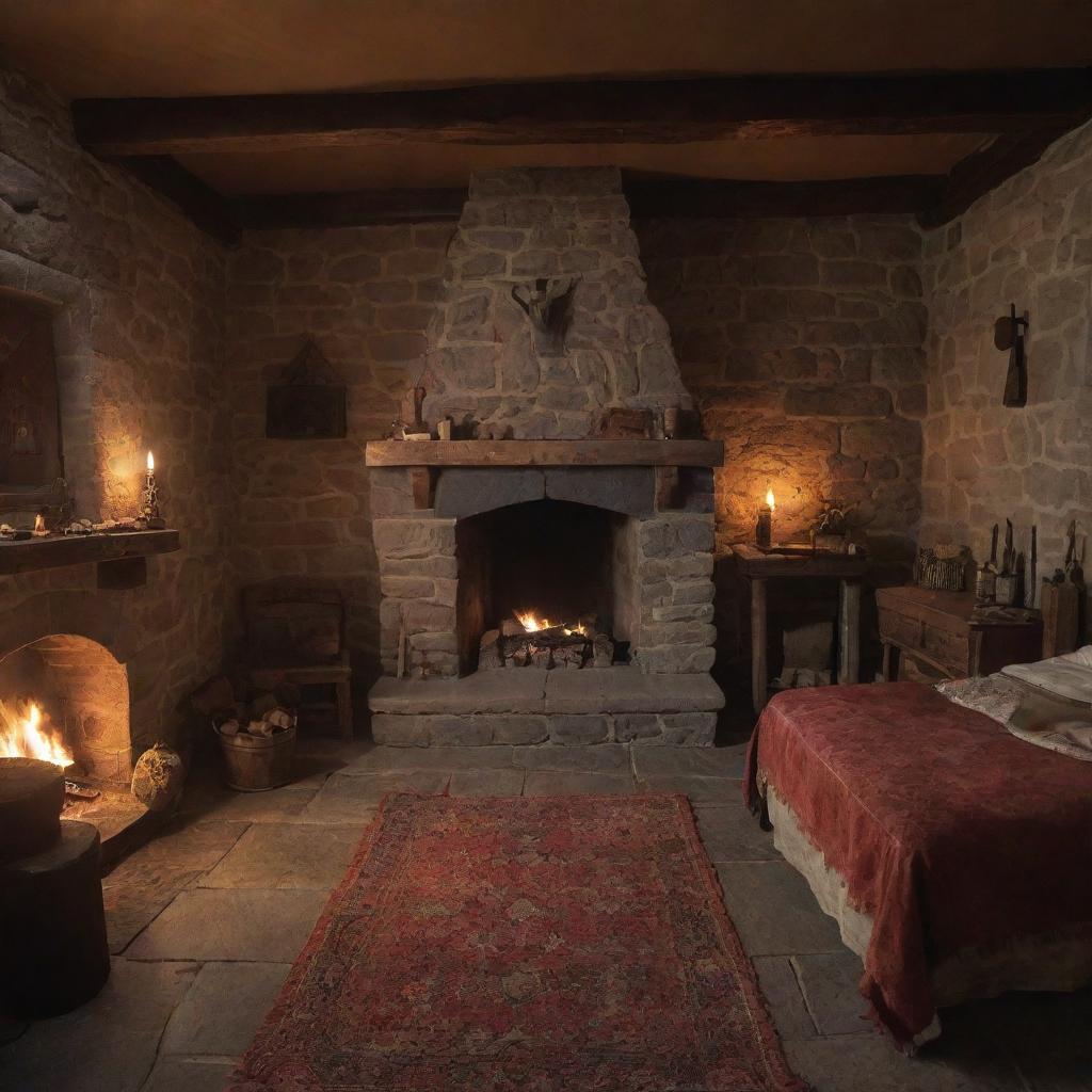 A warrior's fantasy castle room with a single bed, a warmly lit fireplace, and an anvil placed strategically in the room.