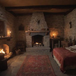 A warrior's fantasy castle room with a single bed, a warmly lit fireplace, and an anvil placed strategically in the room.