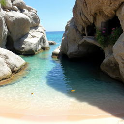 A serene small bay with calm, crystal-clear water gently lapping against a sandy shore