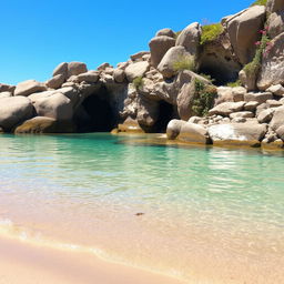 A serene small bay with calm, crystal-clear water gently lapping against a sandy shore