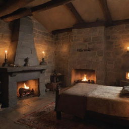 A warrior's fantasy castle room with a single bed, a warmly lit fireplace, and an anvil placed strategically in the room.