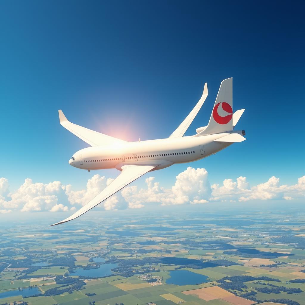 A realistic, high-definition depiction of a sleek airplane soaring through a clear blue sky with fluffy white clouds in the background