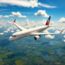 A realistic, high-definition depiction of a sleek airplane soaring through a clear blue sky with fluffy white clouds in the background