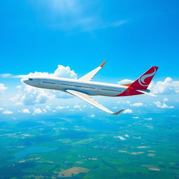 A realistic, high-definition depiction of a sleek airplane soaring through a clear blue sky with fluffy white clouds in the background