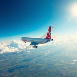 A realistic, high-definition depiction of a sleek airplane soaring through a clear blue sky with fluffy white clouds in the background