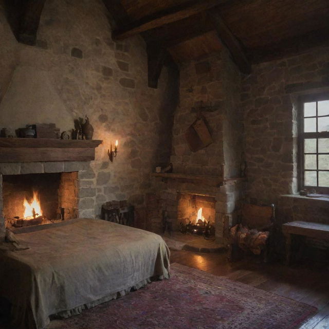 A warrior's fantasy castle room with a single bed, a warmly lit fireplace, and an anvil placed strategically in the room.