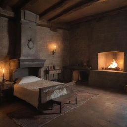 A warrior's fantasy castle room with a single bed, a warmly lit fireplace, and an anvil placed strategically in the room.