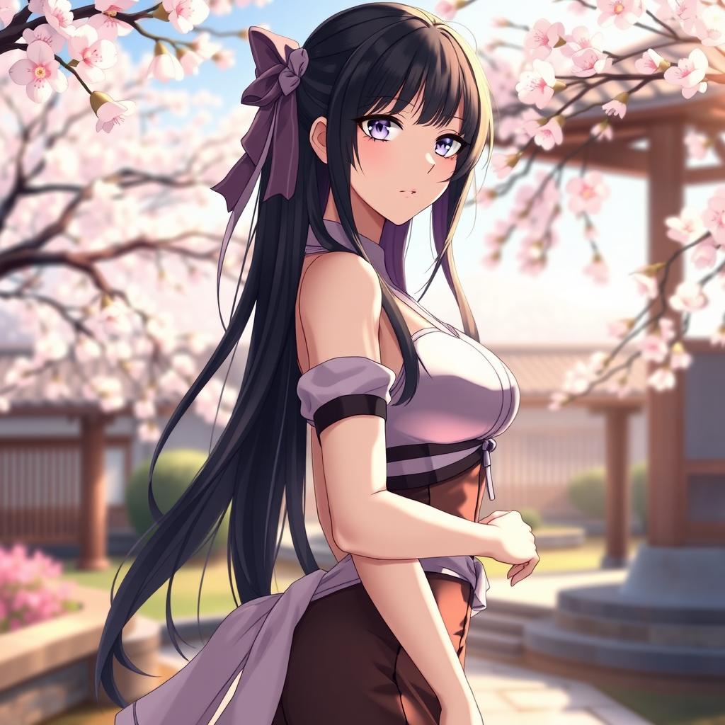 A stunning depiction of Hinata, a character inspired by anime, with striking features including long black hair, pale skin, and gentle lavender eyes