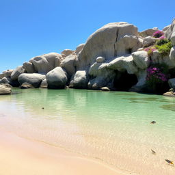 A serene small bay with calm, crystal-clear water gently lapping against a sandy shore