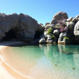 A serene small bay with calm, crystal-clear water gently lapping against a sandy shore