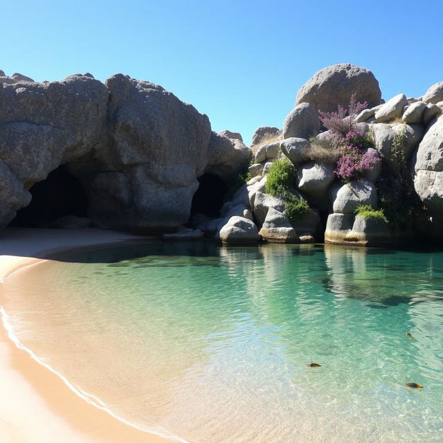 A serene small bay with calm, crystal-clear water gently lapping against a sandy shore