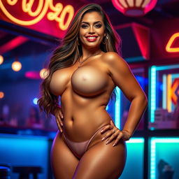 A voluptuous woman with curvy hips and large breasts, standing confidently in a sultry pose