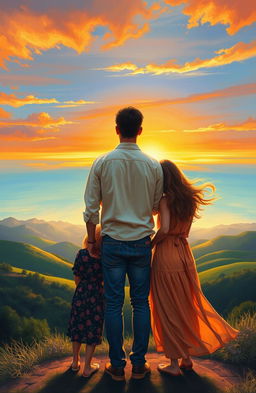 A beautiful painting style scene showcasing one man and two women standing together as friends, gazing at a breathtaking landscape