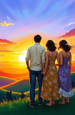 A beautiful painting style scene showcasing one man and two women standing together as friends, gazing at a breathtaking landscape