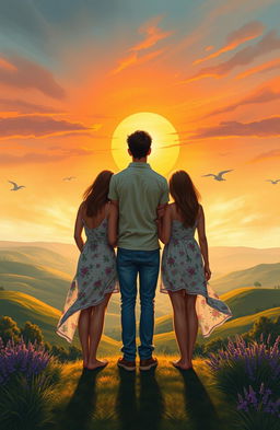 A beautiful painting style scene showcasing one man and two women standing together as friends, gazing at a breathtaking landscape