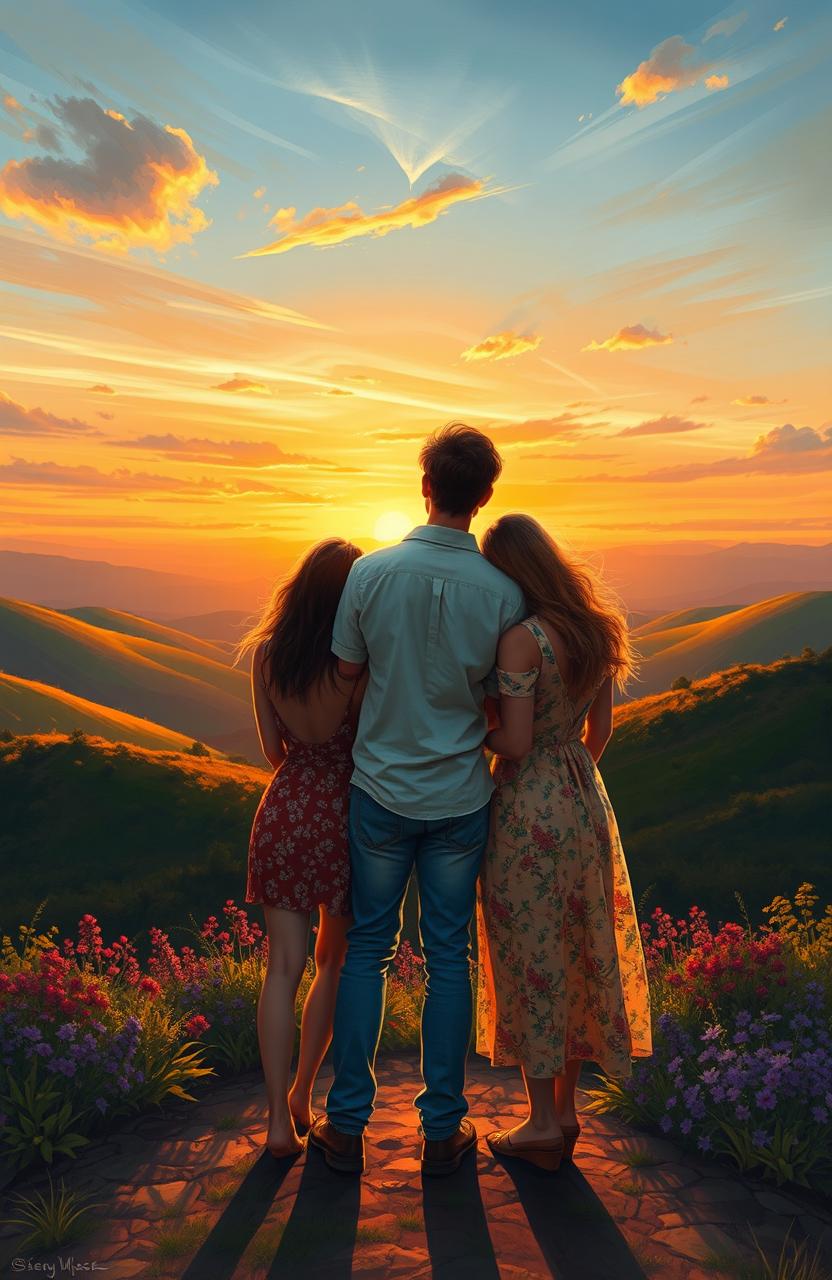 A beautiful painting style scene showcasing one man and two women standing together as friends, gazing at a breathtaking landscape