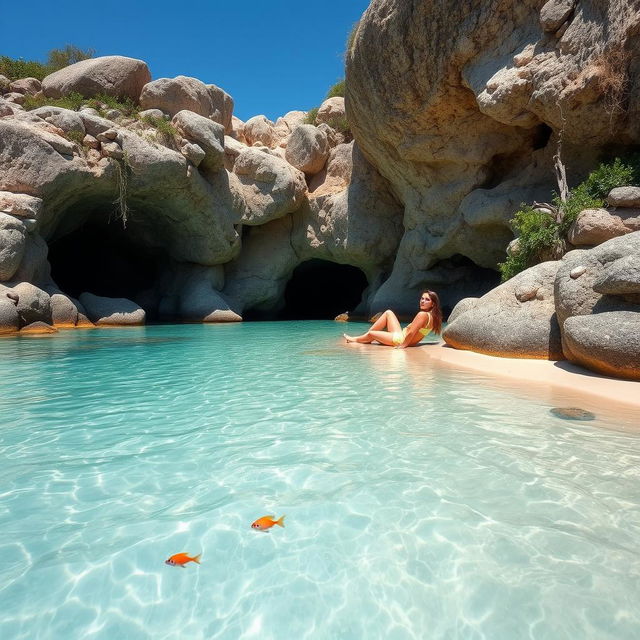 A serene small bay with calm, crystal-clear water gently lapping against a sandy shore