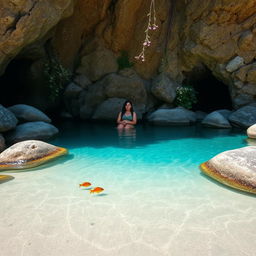 A serene small bay with calm, crystal-clear water gently lapping against a sandy shore