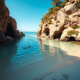 A serene small bay with calm, crystal-clear water gently lapping against a sandy shore