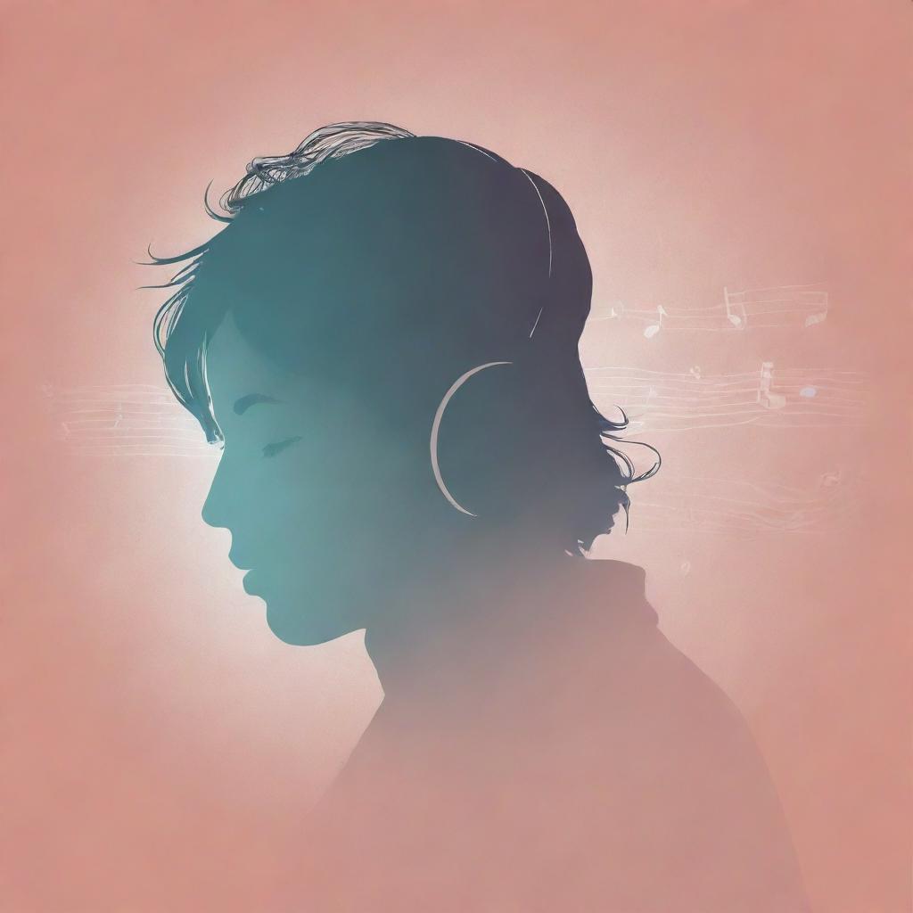 Visualize a minimalist poster with soft colors, featuring a silhouette with headphones and a subtle microphone, overlaid with music notes and waves. Quote highlights the introverted, melophile, and singer aspects in mixed fonts. Incorporate subtle features like closed eyes for a reflective mood.