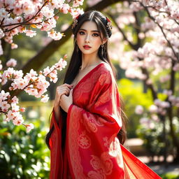 A sexy girl wearing a beautifully designed hanfu, showcasing intricate patterns and flowing fabric