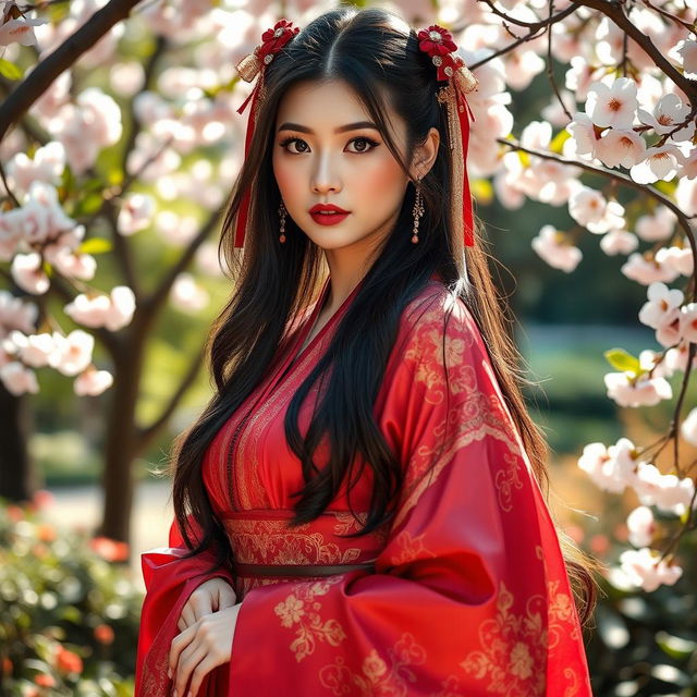 A sexy girl wearing a beautifully designed hanfu, showcasing intricate patterns and flowing fabric