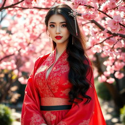 A sexy girl wearing a stunning hanfu that beautifully accentuates her voluptuous figure