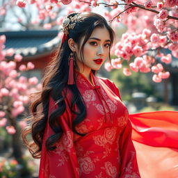 A sexy girl wearing a stunning hanfu that beautifully accentuates her voluptuous figure