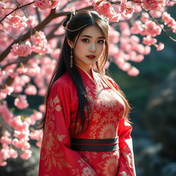 A sexy girl wearing a stunning hanfu that beautifully accentuates her voluptuous figure