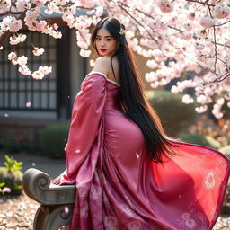 A sexy girl wearing a beautifully designed hanfu that enhances her voluptuous figure