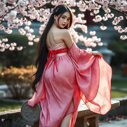 A sexy girl wearing a beautifully designed hanfu that enhances her voluptuous figure