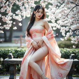 A sexy girl wearing a beautifully designed hanfu that enhances her voluptuous figure