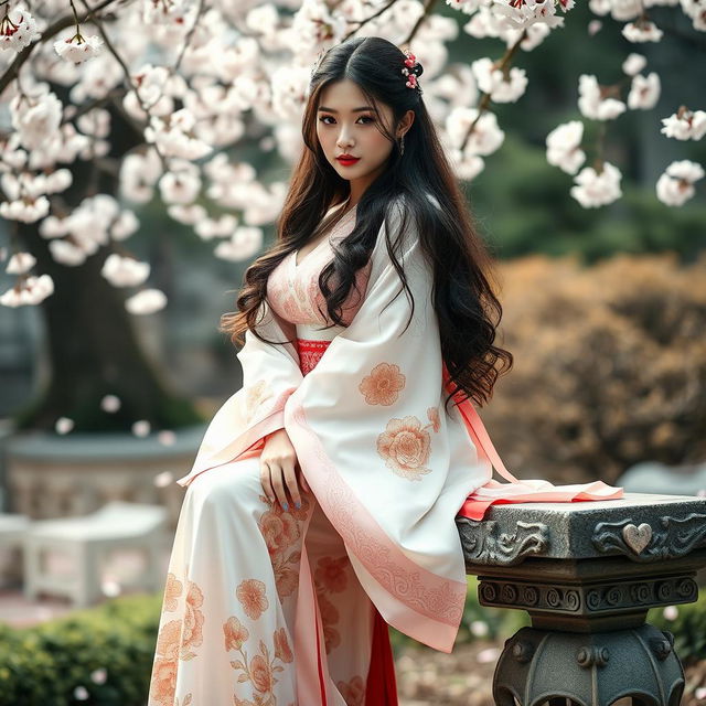 A sexy girl wearing a beautifully designed hanfu that enhances her voluptuous figure