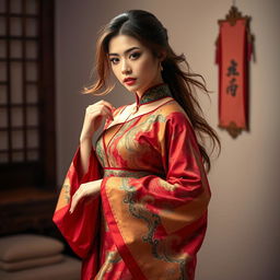 A seductive scene of a woman dressed in a beautifully detailed traditional Chinese hanfu, featuring vibrant colors and intricate patterns