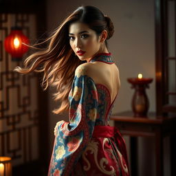 A seductive scene of a woman dressed in a beautifully detailed traditional Chinese hanfu, featuring vibrant colors and intricate patterns