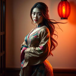 A seductive scene of a woman dressed in a beautifully detailed traditional Chinese hanfu, featuring vibrant colors and intricate patterns