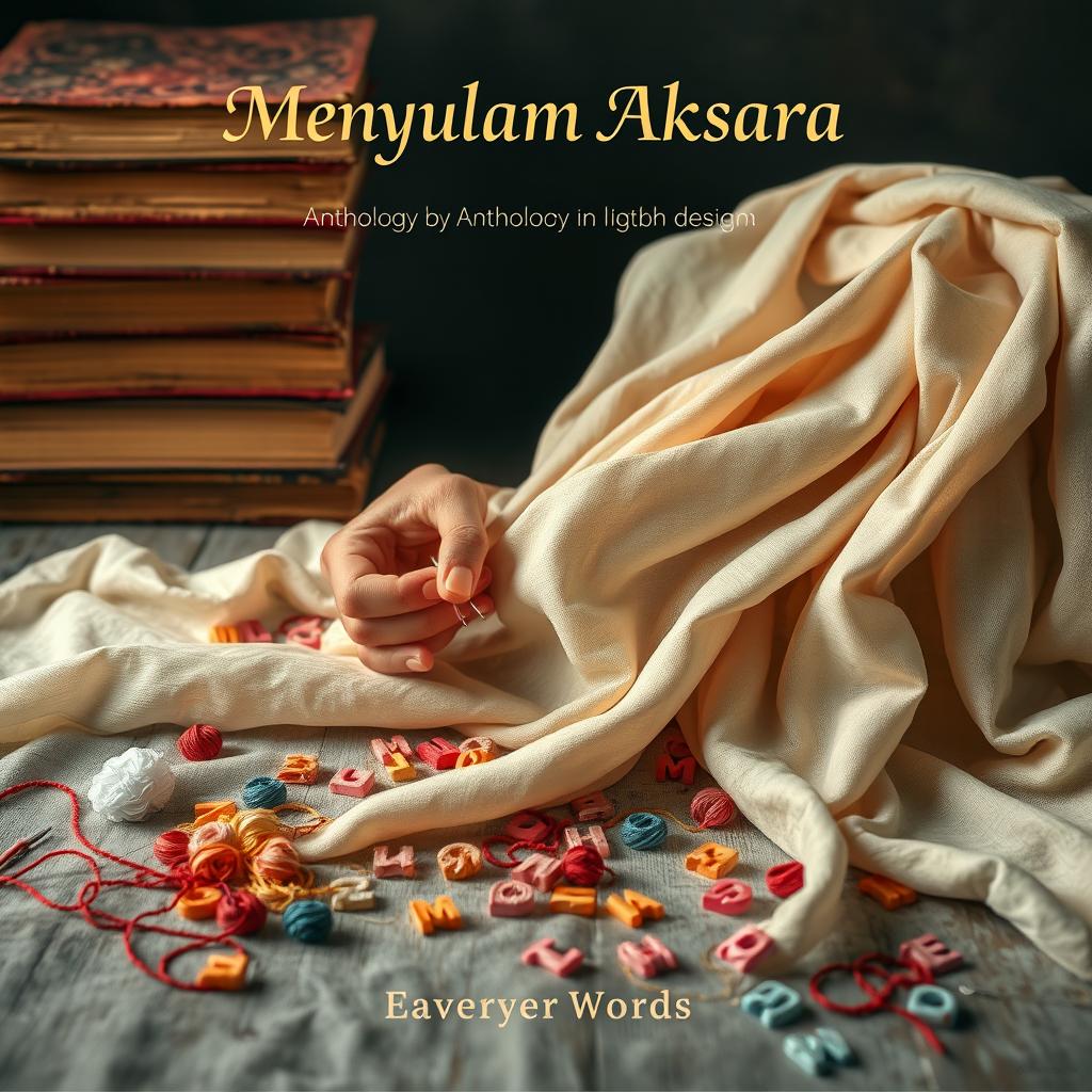 A captivating cover design for an anthology of poetry titled 'Menyulam Aksara'