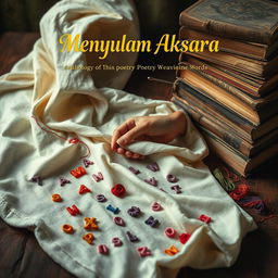 A captivating cover design for an anthology of poetry titled 'Menyulam Aksara'