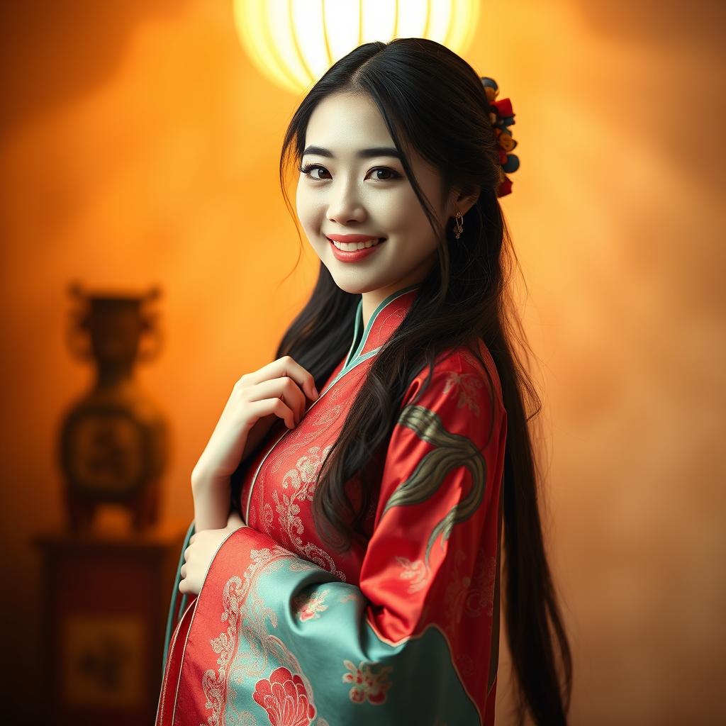 A captivating portrait of a woman dressed in a stunning traditional Chinese hanfu, showcasing its rich colors and fine embroidery