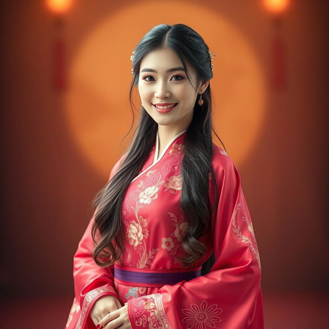 A captivating portrait of a woman dressed in a stunning traditional Chinese hanfu, showcasing its rich colors and fine embroidery