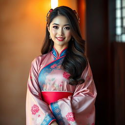 A captivating portrait of a woman dressed in a stunning traditional Chinese hanfu, showcasing its rich colors and fine embroidery