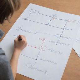 Visualize the act of making options in decision process. Show a person at a drawing board, sketching out several different pathways, each leading to a different potential solution.