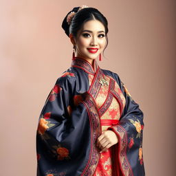 A striking portrayal of an adult film star dressed in an elaborate and colorful hanfu, showcasing its intricate designs and flowing fabric