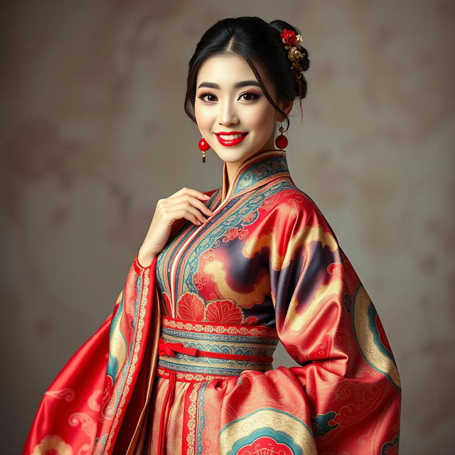 A striking portrayal of an adult film star dressed in an elaborate and colorful hanfu, showcasing its intricate designs and flowing fabric