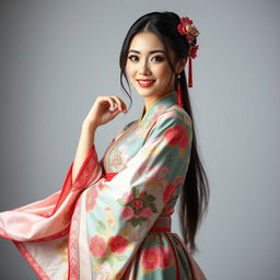 A striking portrayal of an adult film star dressed in an elaborate and colorful hanfu, showcasing its intricate designs and flowing fabric