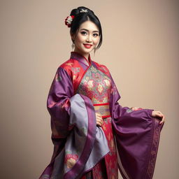 A striking portrayal of an adult film star dressed in an elaborate and colorful hanfu, showcasing its intricate designs and flowing fabric