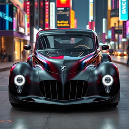 An extraordinary supercar design that elegantly fuses the satin black aesthetic of a 1935 Chevrolet standard sedan with a custom hood featuring a widebody style and avant-garde futuristic elements inspired by BMW